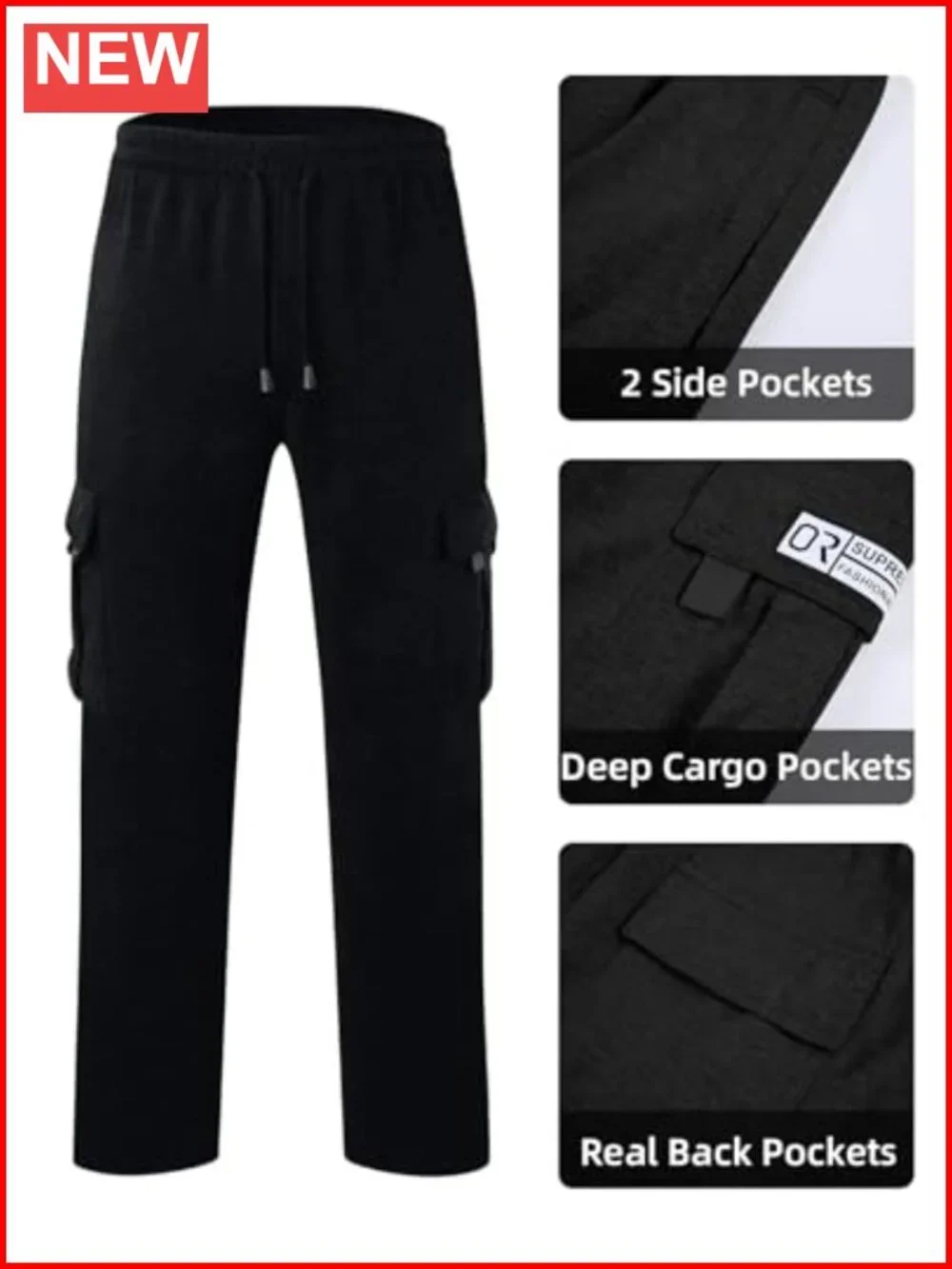 Men's Cargo Sweatpants Fleece Jogger with Pockets Open Bottom